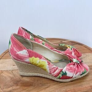 Hot Shoes Wedge Heels Womens Size 6M‎ Espadrille Bow Floral Canvas